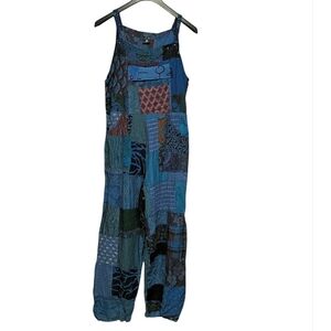 Advance Patchwork Blue Boho Artsy Rayon Overalls Size S/M